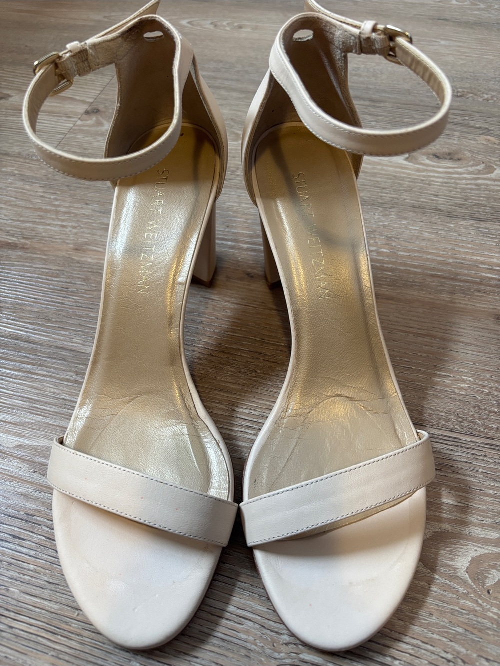 Stuart Weitzman Beige Leather Ankle-Strap Block Heel Sandals